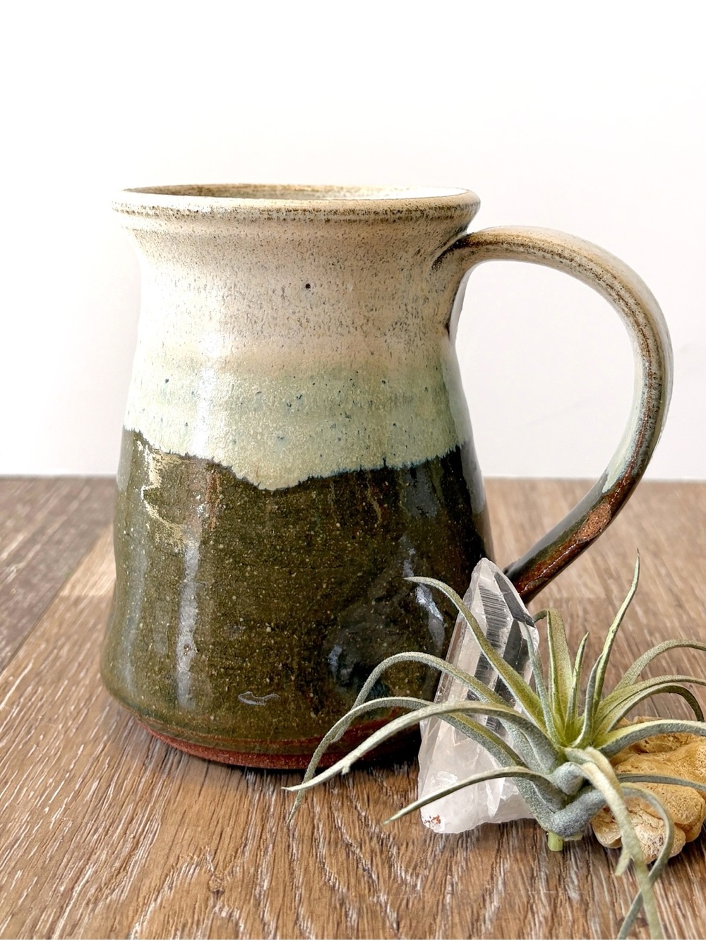 Vintage Handcrafted Ceramic Mug in Olive Green and Cream